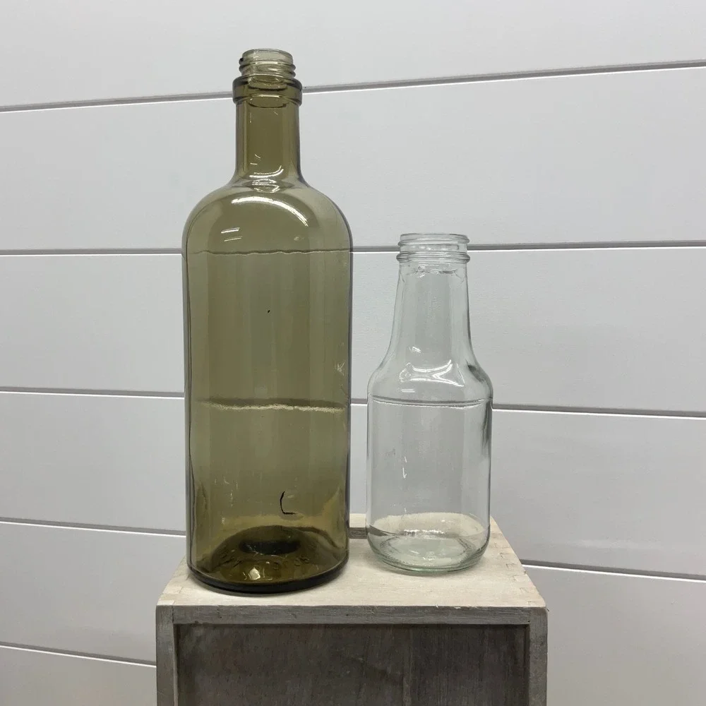 Vintage Olive Green and Clear Glass Bottle Set Decorative Vases 2 Piece